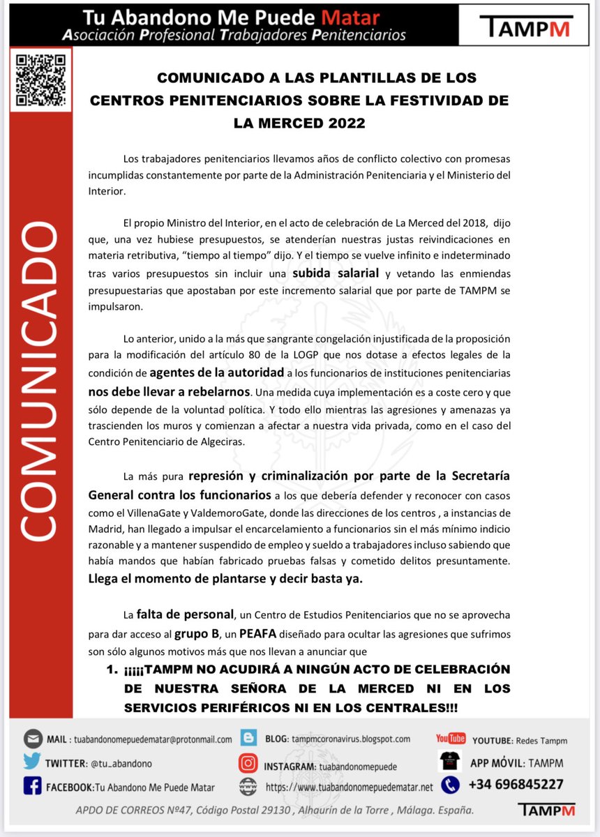tu_abandono's tweet photo. 📢 #Comunicado a TODA la Plantilla de Prisiones 🇪🇸 sobre La Merced 2022‼️

Después de:
❌ Mentirnos desde 2018 sobre Subida Salarial
❌ Vacilarnos con ser Agentes de Autoridad
❌ Criminalizados por @IIPPGob…

✅ ES HORA de SUMARSE a las MEDIDAS ADOPTADAS‼️

#CuidaTuSalud
#TAMPM https://t.co/TraPpMnJEQ