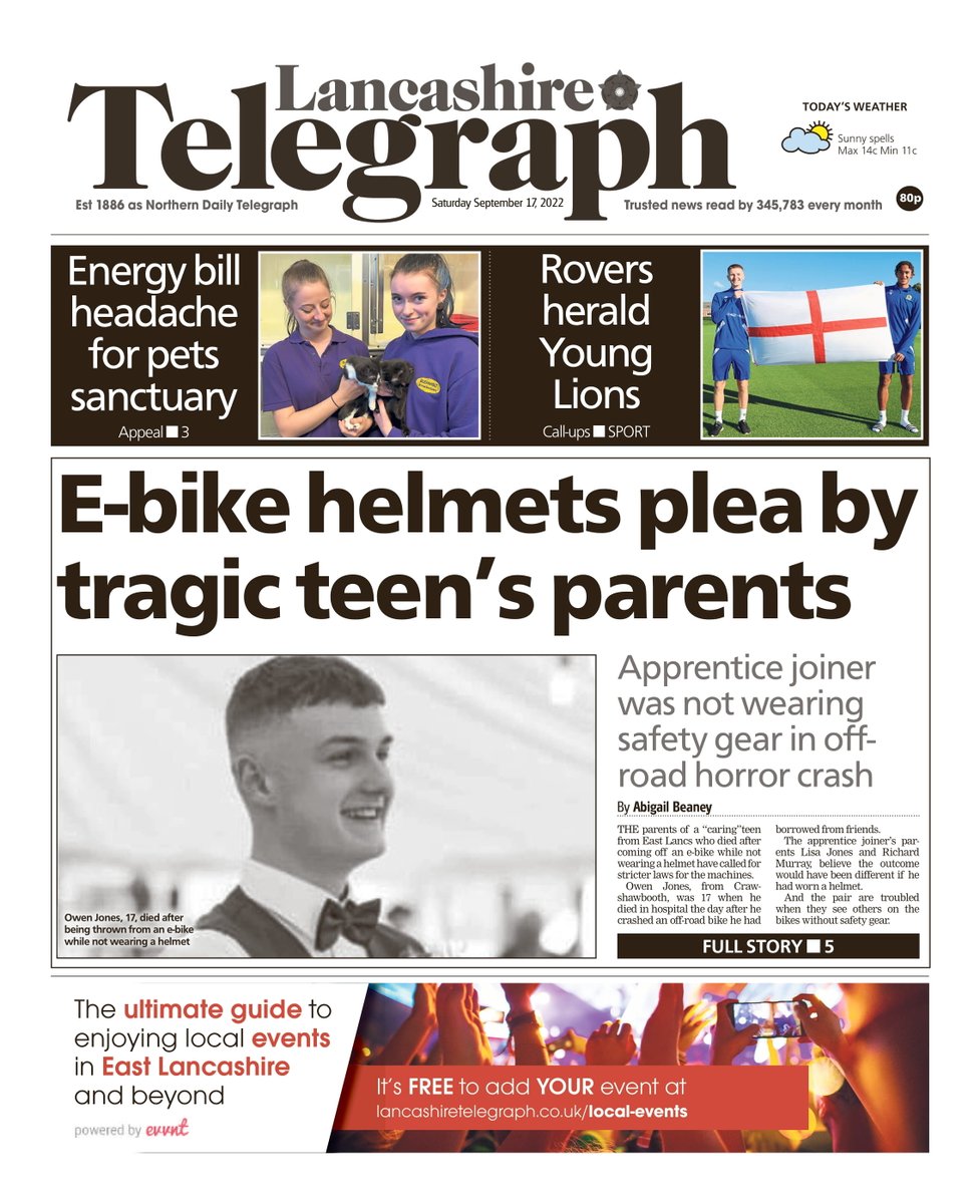 Richard Duggan (@rjkduggan) on Twitter photo Front page of Saturday's <a href="/LancsTelegraph/">Lancashire Telegraph</a>📰
"E-bike helmets plea by tragic teen's parents"
#Lancashire #EastLancashire #LancashireTelegraph #Newsquest #LocalNews #BuyAPaper #LocalNewsMatters #Rovers #CourtNews #CrimeNews #Blackburn #Burnley #TommorrowsPapersToday #CostOfLiving Front page of Saturday's <a href="/LancsTelegraph/">Lancashire Telegraph</a>📰
"E-bike helmets plea by tragic teen's parents"
#Lancashire #EastLancashire #LancashireTelegraph #Newsquest #LocalNews #BuyAPaper #LocalNewsMatters #Rovers #CourtNews #CrimeNews #Blackburn #Burnley #TommorrowsPapersToday #CostOfLiving