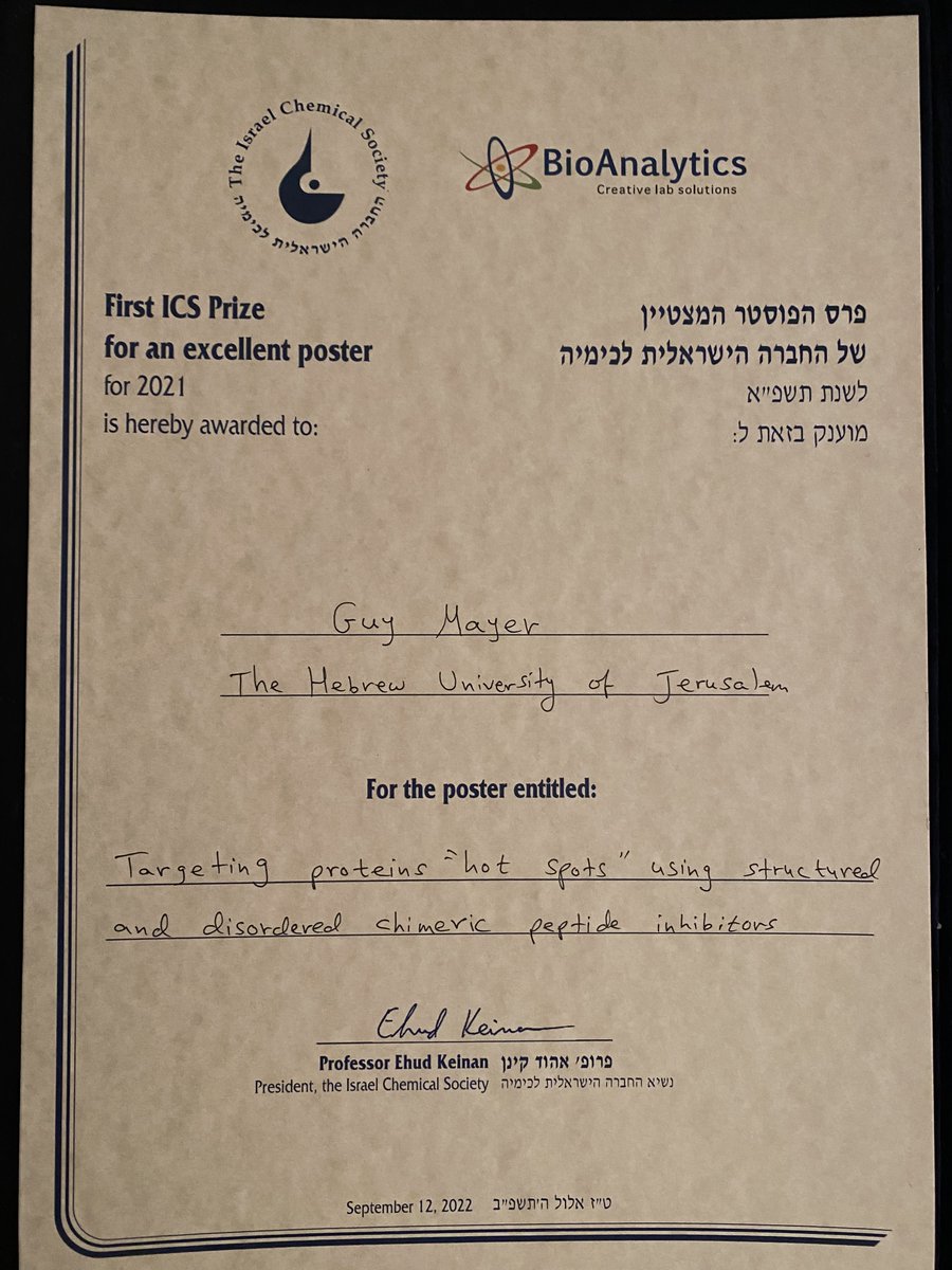 FriedlerLab's tweet photo. Congratulations to @GuyMayer1 for winning the excellent poster award at the 86th annual ICS (Israel Chemical Society) meeting, #ICS2022 #scientific #posters https://t.co/4ArOUxcE5v