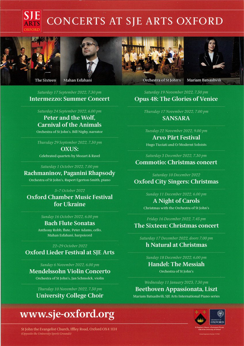 📢 Our Autumn/Winter concert season starts tomorrow with Intermezzo Chamber Choir! 🎶 Upcoming concerts include @osjevents @MusicatOxford @OxfordPhil @TheSixteen @oxcitysingers @opus48choir @SansaraChoir @Commotio_choir and more... 🎟️ Buy tickets here: sje-arts.org