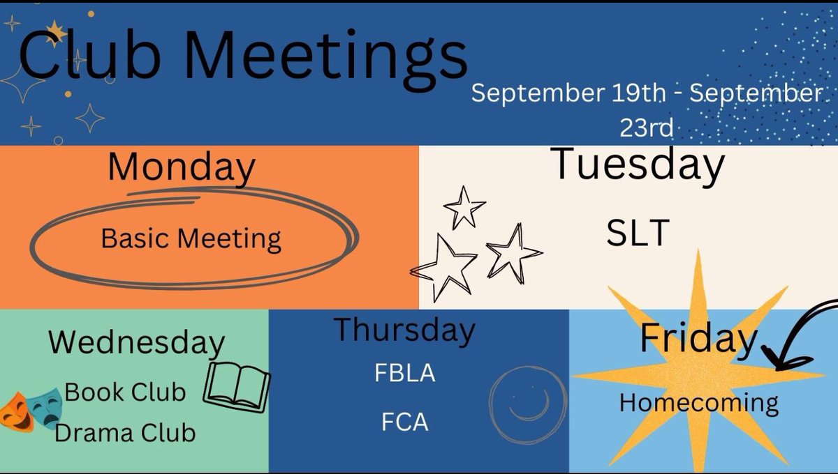 Busy week coming up. Make sure to check out Book Club and Drama Club for their first meeting. Posted by Newsie Lyra Codney