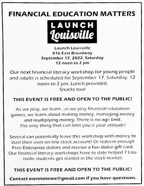 Our own chess maestro, Corbin Seavers, has a wonderful event happening this weekend. A young people's workshop on financial education. You can't learn about making money too soon! And, it's free to the public!!!

#education #louisvilleky  #students  #workshop #classes #free