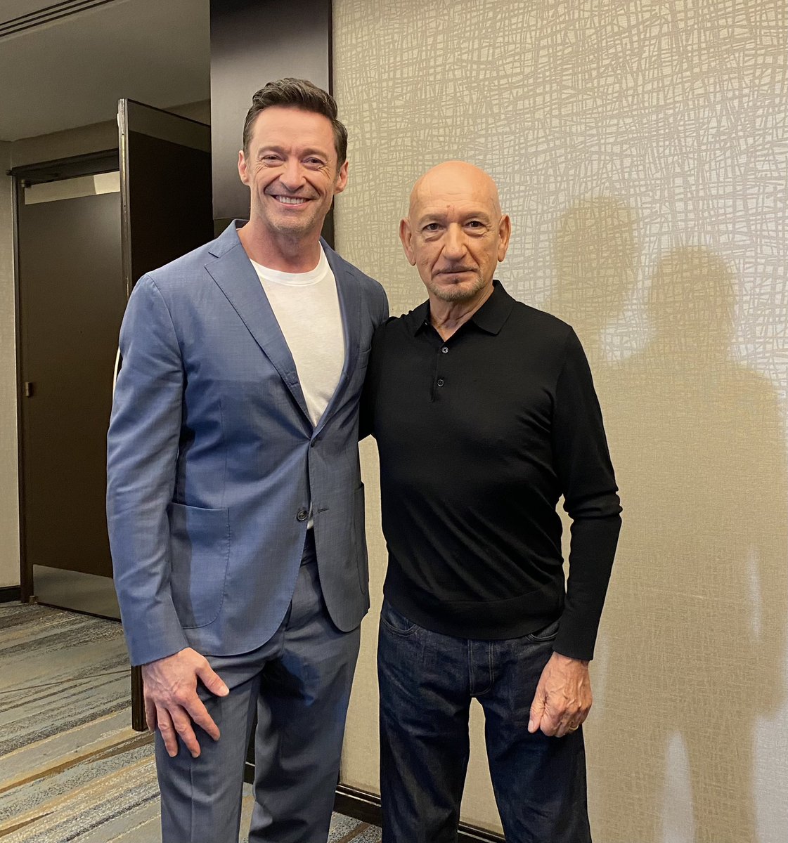 RealHughJackman's tweet photo. One of the best parts to festival promo is who you might bump into in the hallway. #SirBenKingsley #tiff https://t.co/NcxsVhcllW