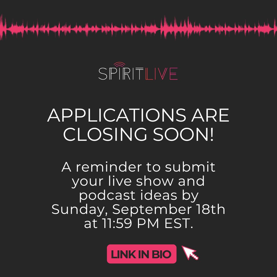 The start is near!

Applications close this Sunday, September 18th, at 11:59PM EST. 

Remember to submit all your wonderful ideas. The application forms can be found at the link in our bio, under ✨Fall 2022 Show Application✨.

#SpiritLive2022/2023