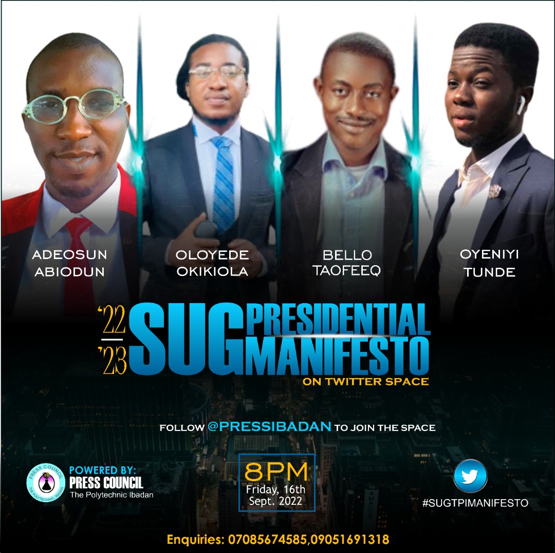 PressCouncil_'s tweet photo. The dawn of a new administration is at hand, as the emergence of a new leader draws nearer.🥁

Are you curious about what each of the presidential candidates has in store for you?

Join us tonight  as we present the four qualified contestants to you.

#SUGTPIMANIFESTO https://t.co/SEf07CQFWc