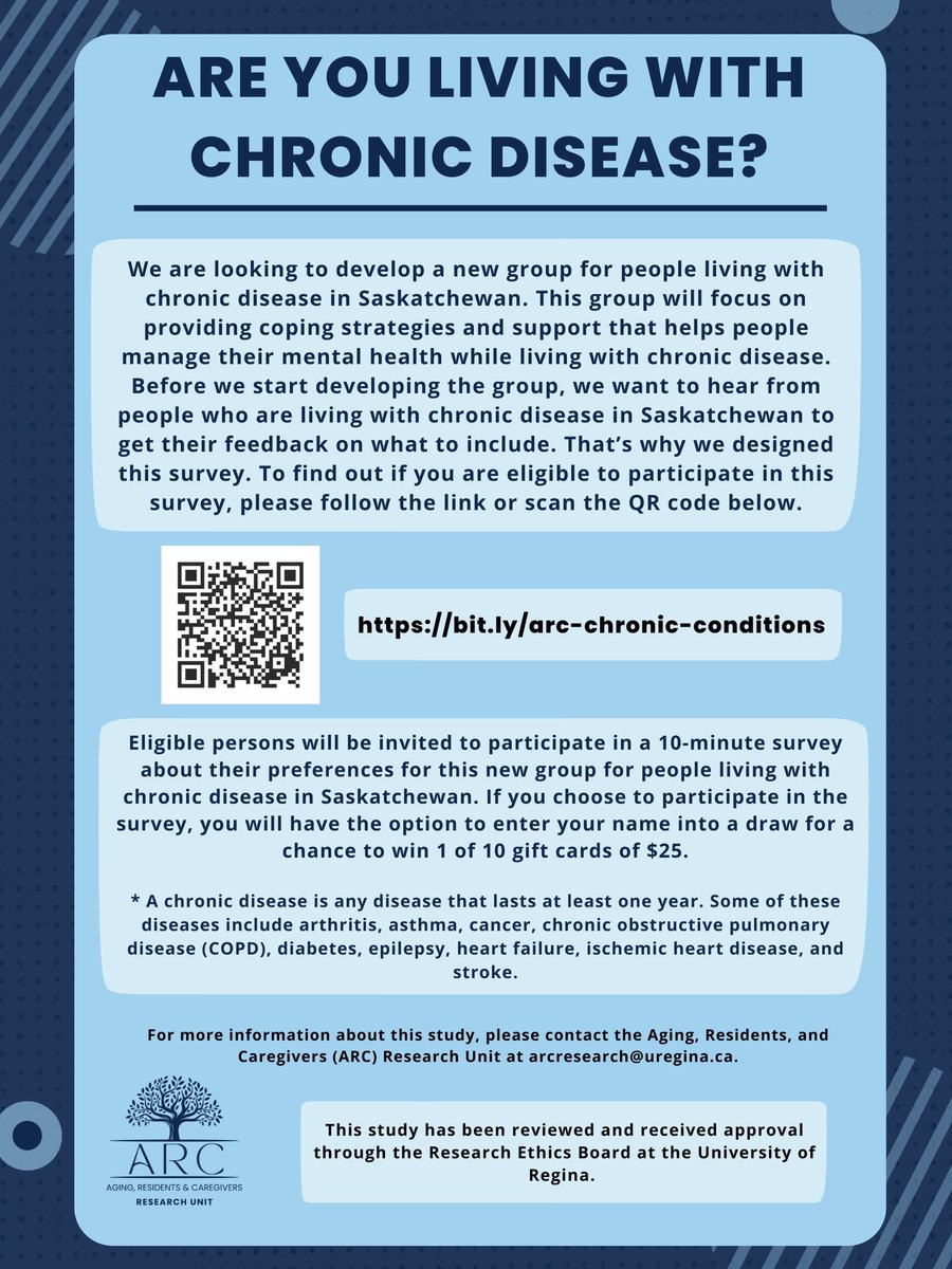 Participant Opportunity! 📢
 
We are looking for people living with #chronicdisease in #Saskatchewan. 
 
To find out if you are eligible to participate in this survey, please follow the link: bit.ly/arc-chronic-co… or scan the QR code below.