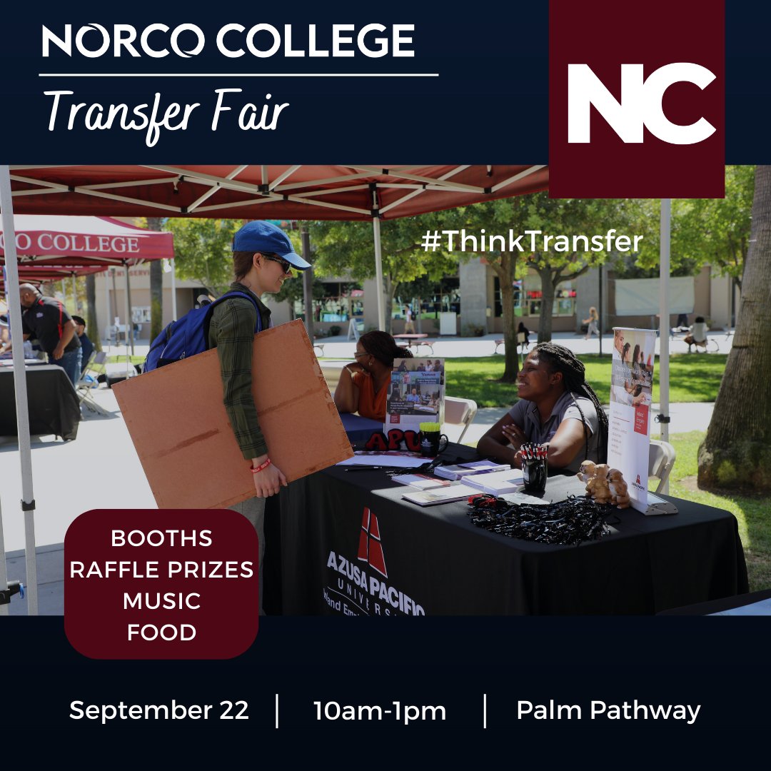 NorcoCollege's tweet photo. Transfer Fair is back and happening on Sept 22nd from 10amβ1pm on the Palm Pathway. University booths, raffle prizes, music, and more! The first 100 students to RSVP to the fair before September 19th will receive a food ticket. RSVP: https://t.co/r82GhfUHc9 #ThinkTransfer https://t.co/yZw5Q3XsUx