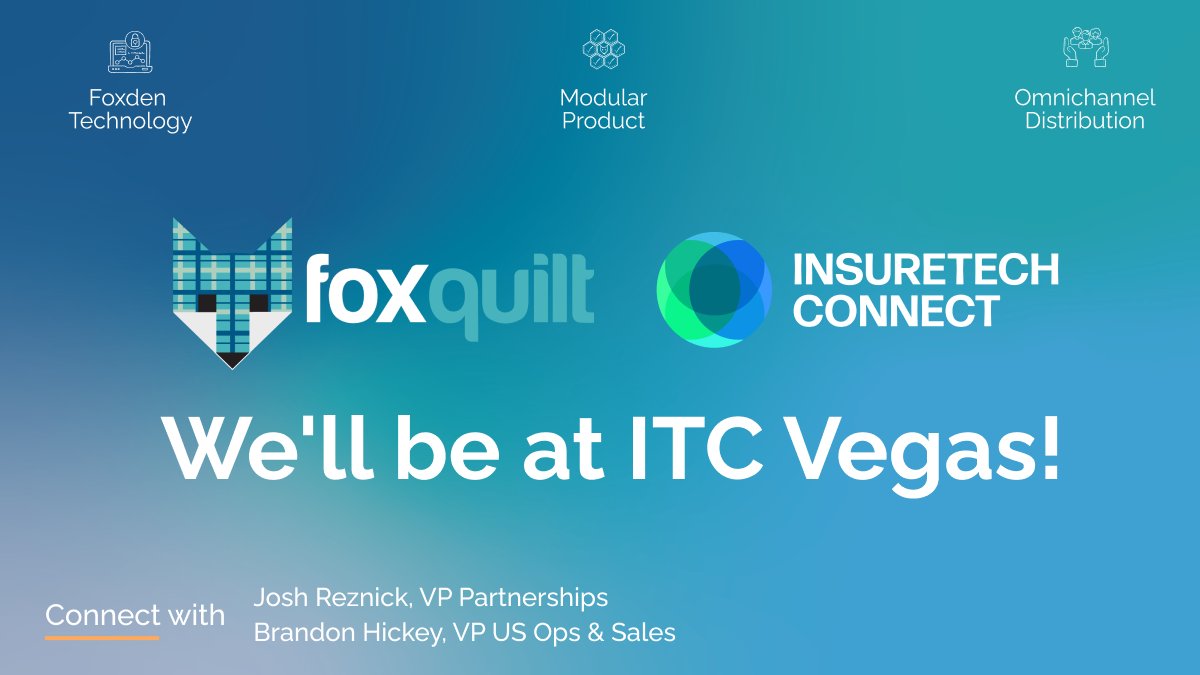 Foxquilt is looking forward to attending #ITCVegas next week! The team will be connecting with existing partners &amp; exploring new opportunities across our omnichannel distribution channels. If you want to connect, reach out to <a href="/reznickj9/">Josh Reznick</a>, VP Partnerships.

<a href="/insuretechnow/">InsureTechConnect</a>
#ITC2022