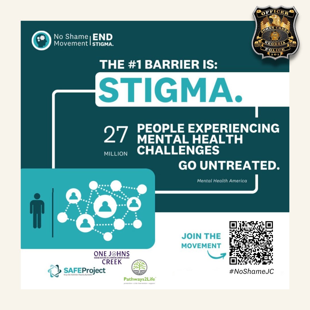 JohnsCreekPD's tweet photo. Stigma is the #1 barrier to seeking help for mental health challenges and addiction. The No Shame Movement seeks to end stigma &amp; change the conversation surrounding addiction &amp; the mental health challenges that contribute to it. 
#JohnsCreek #JohnsCreekPD #StrongerTogetherJC https://t.co/JsvA0WbYmq