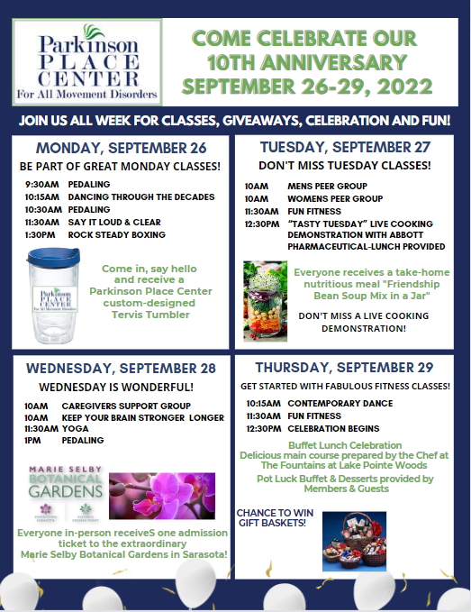 Its hard to believe but we are in our 10th year of offering amazing programs, educational seminars and social activities for all those living with movement disorders. We hope that you can make our week long celebration a booming success.