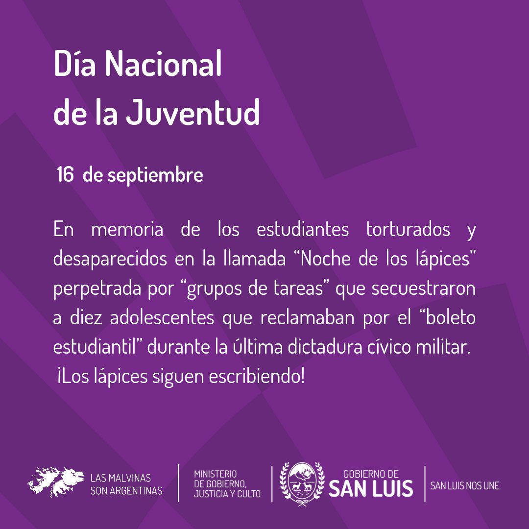 MinisteriodeGob's tweet image. ✊Por la militancia y el compromiso de aquellos jóvenes que fueron desaparecidos en la última dictadura militar argentina.
#NocheDeLosLápices 
#efemérides 
#SanLuisNosUne 
@SanLuisGob1