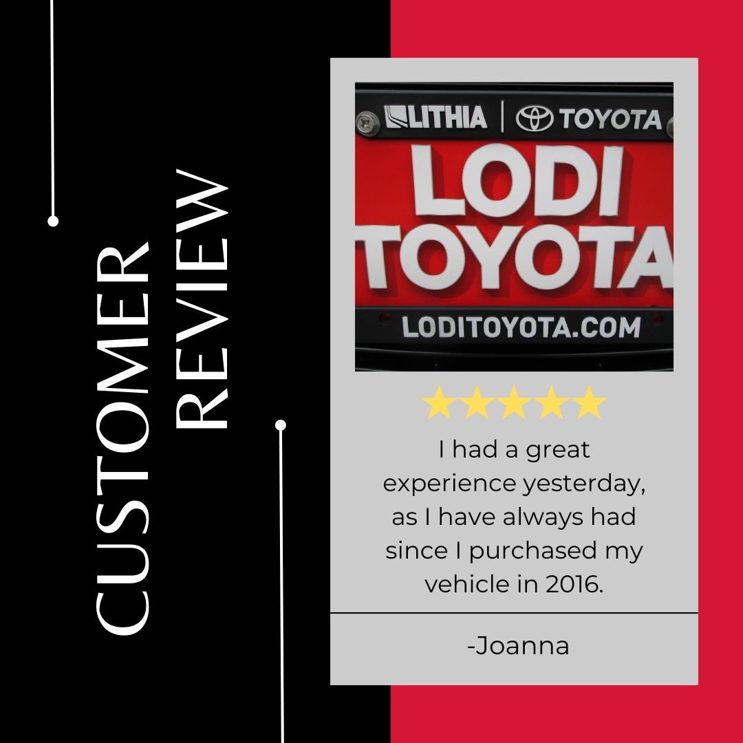 LodiToyota's tweet photo. Five-Star Friday⭐⭐⭐⭐⭐
Joanna, our Lodi Toyota team strives to earn customers for life, and it has truly been our pleasure to assist you over the years. We look forward to seeing you at your next visit!

#ToyotaUSA #Lodi #FiveStar #CustomerService #Friday #FiveStarFriday https://t.co/WanFZavWkK