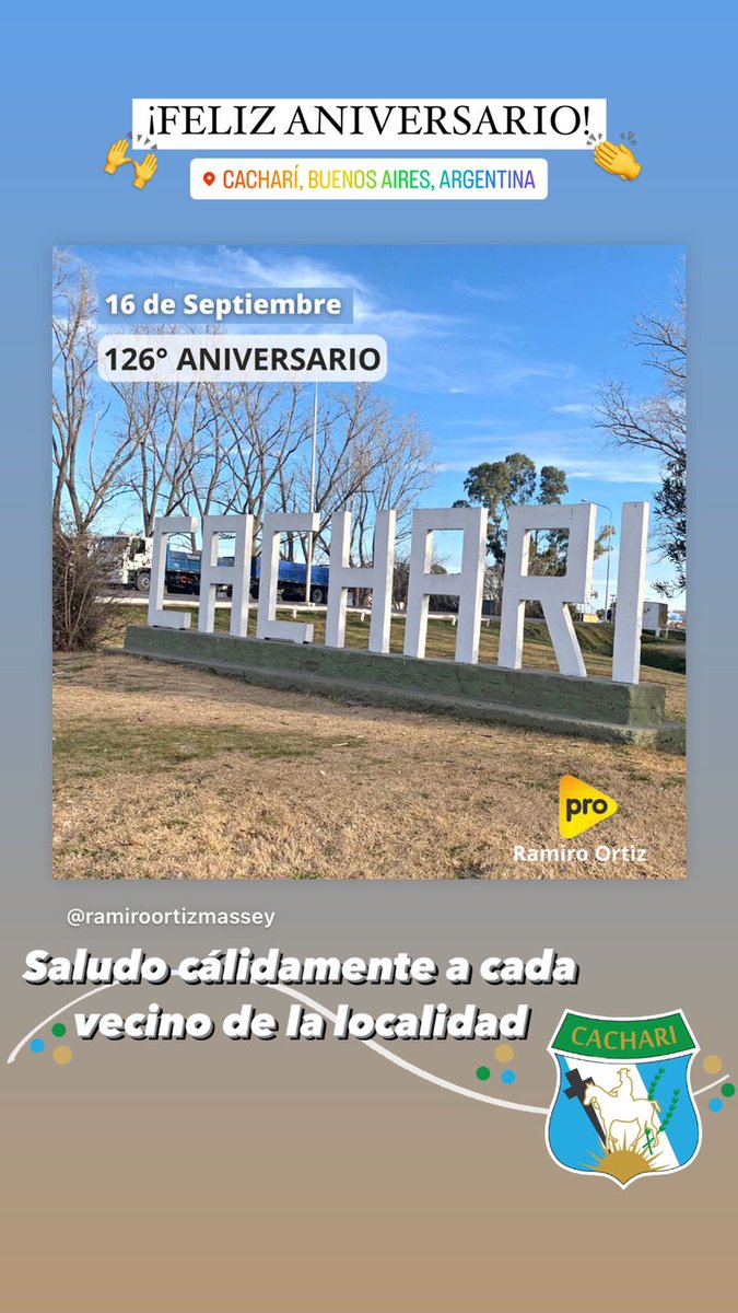 Ramiroortiz's tweet photo. 👉 Hoy en el 126° Aniversario de Cacharí, saludo cálidamente a cada vecino de la localidad.
#Cachari #Aniversario https://t.co/CqMZuo43NU