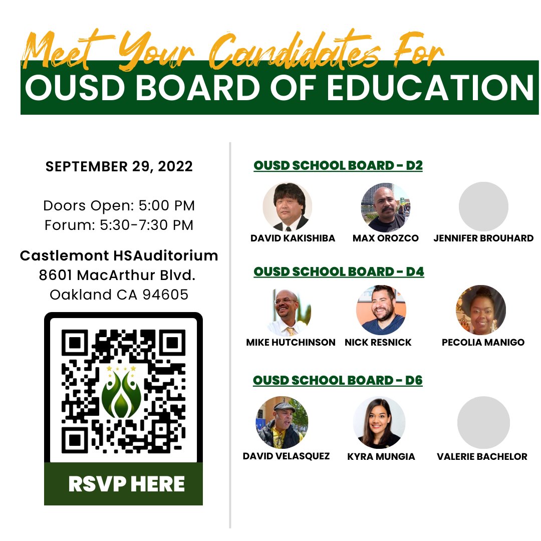 FIAOakland's tweet photo. FIA Oakland parents, youth and educators invite you to an in person candidate forum for Oakland School Board &amp; City of Oakland Mayor! Learn where candidates stand on the issues important to you, and who will champion quality in public education. RSVP: https://t.co/hx79bIcJSu https://t.co/0vjV8THJdY