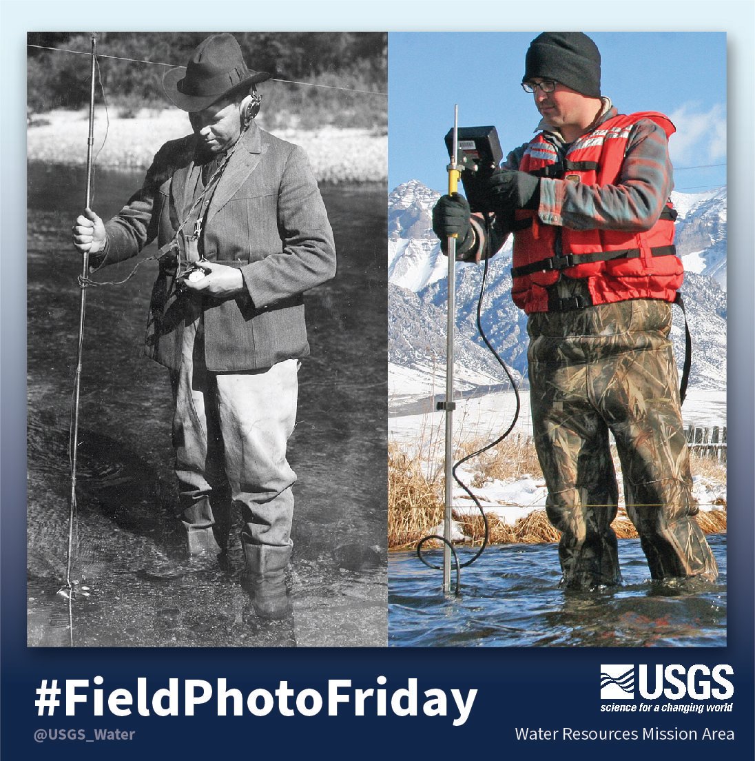 Happy #FieldPhotoFriday! 🌤️🌎💧

Circa 1920, H.D. McGlashan looks dressed for a day in the office as he measures streamflow.

Flashforward almost 100 years…modernized instrumentation & safety gear are a must to complete the look of a modern hydrologist.
 
#FedFashionWeek
📸 USGS