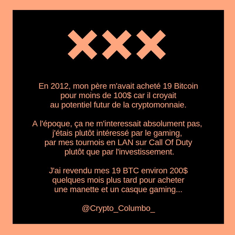 UlysseEclaireur's tweet photo. En 2012, mon père m'avait acheté 19 Bitcoin pour moins de 100$ car il croyait au potentiel futur de la cryptomonnaie.

---@Crypto_Columbo_

#anecdotes #Crypto #confessions #cryptomonnaie #bitcoin #btc https://t.co/0VqQ3bMACM