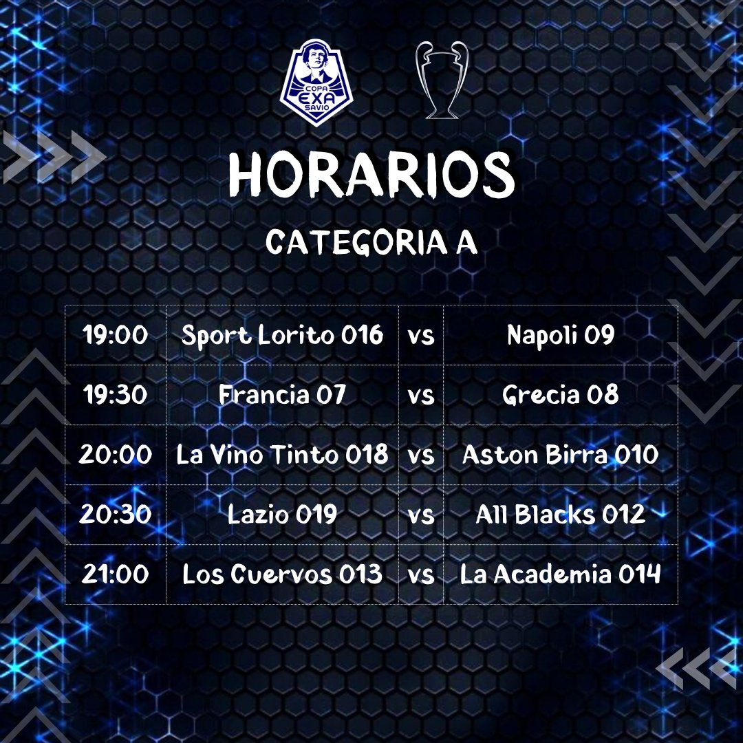𝗔𝗿𝗿𝗮𝗻𝗰𝗮 𝗲𝗹 𝗖𝗹𝗮𝘂𝘀𝘂𝗿𝗮 𝟮𝟬𝟮𝟮! 🏆

Los horarios de mañana 17/9 desde las 19hs., empezamos con la Categoría A. 
Te esperamos para que apoyes a tu equipo 💪🏼

#exasavio #torneoclausura2022