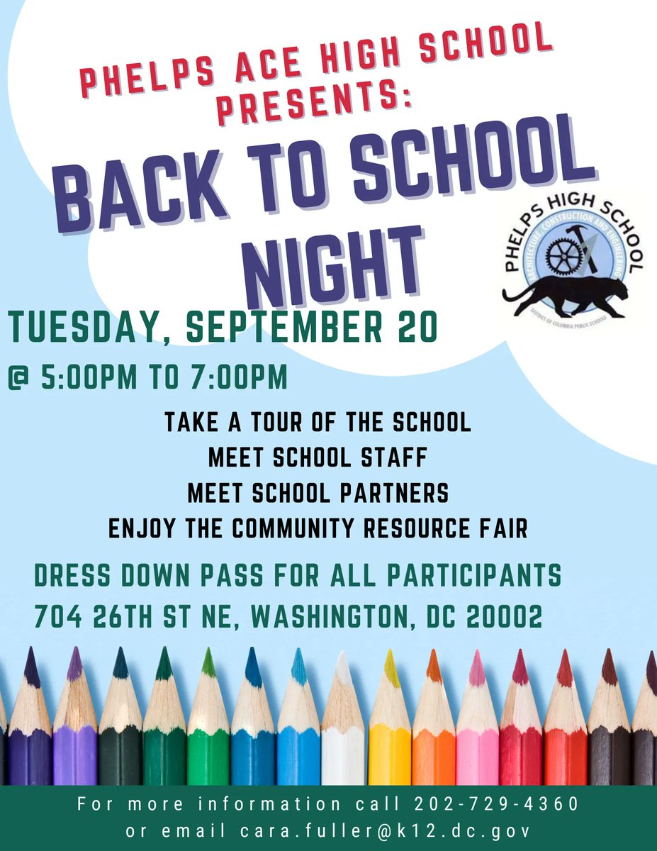 Back To School Night is here ! Please let your parents know to come and meet your teachers, staff, and Phelps partner this Tuesday, September 20, 2022. For those parents that attend a dress down pass will be given to the students to use on Friday, September 23, 2022. See you then