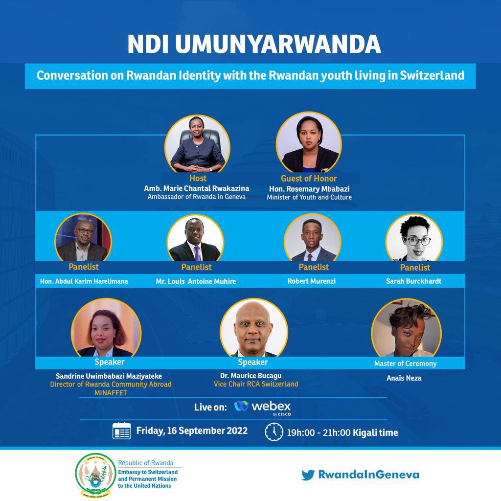 A la jeunesse de la Communauté Rwandaise de Suisse, ne manquez pas à  ce rendez-vous! Don't miss!👇 <a href="/MCRwakazina/">M Chantal Rwakazina</a>, <a href="/RwandaMFA/">Ministry of Foreign Affairs & Int'l Cooperation</a> @YouthCultureRW, <a href="/Unity_MemoryRw/">Ministry of National Unity and Civic Engagement</a>  <a href="/CYAKAYves/">Yves CYAKA</a>