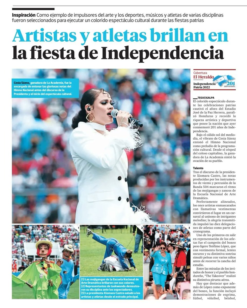 diarioelheraldo's tweet photo. Como ejemplos de impulsores del arte y los deportes, músicos y atletas de varias disciplinas fueron seleccionados para ejecutar un colorido espectáculo cultural durante las fiestas patrias 🇭🇳♥️🎉🥳
#Honduras #FiestasPatrias #FiestasIndependencia #DesfilesHonduras https://t.co/KpUBGCurjW