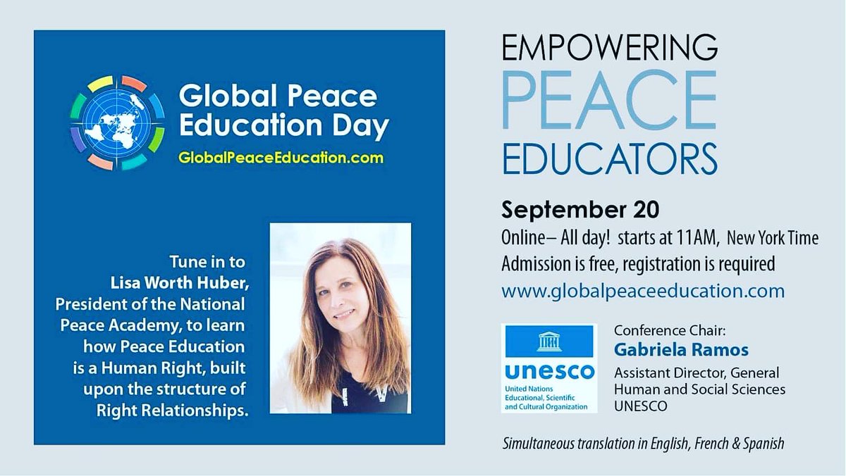 Lisa Worth Huber (@doctapeace) on Twitter photo It's an honor to be a keynote at UNESCO's Global Peace Education Day on September 20th, during Peace Week, 2022.
#PeaceEducation #globalpeaceeducationday #UNESCO #nationalpeaceacademy
#rightrelationship <a href="/NationalPeaceAc/">NationalPeaceAcademy</a> It's an honor to be a keynote at UNESCO's Global Peace Education Day on September 20th, during Peace Week, 2022.
#PeaceEducation #globalpeaceeducationday #UNESCO #nationalpeaceacademy
#rightrelationship <a href="/NationalPeaceAc/">NationalPeaceAcademy</a>