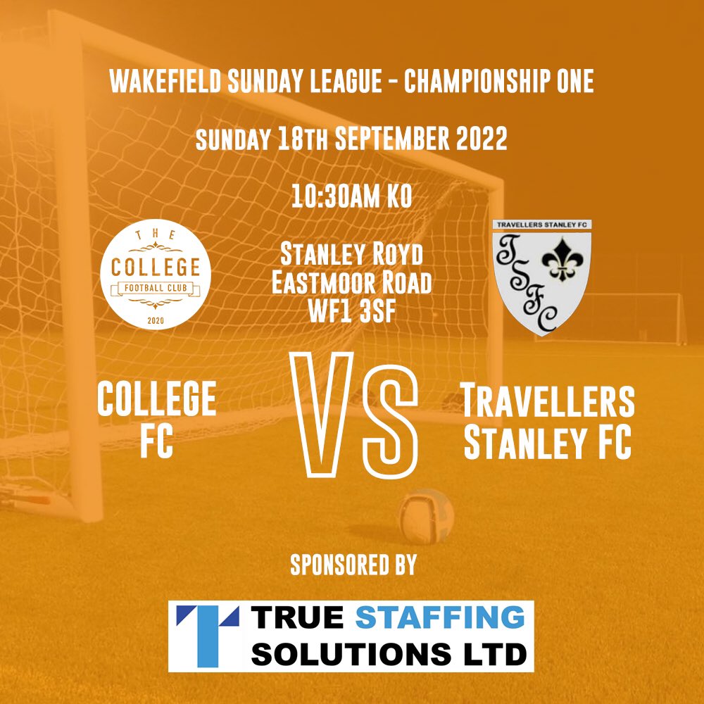 CollegeFC2020's tweet photo. 🟠 Next fixture ⚫️ 

⚽️ College FC vs @travellers_fc 

⏰10:30am kick off

📍WF1 3SF

🍻Bank holiday Sunday https://t.co/4hN3e9kqXL