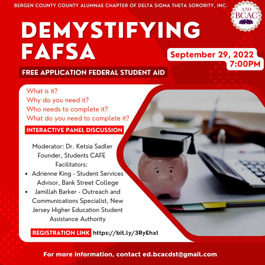Navigating the ins and outs of financial aid is a daunting task. We're here to help in the first step to tackling the college financial aid jungle, FAFSA. Come to #BCAC1976's virtual FAFSA interactive panel on September 29th at 7:00 PM. Register TODAY at bit.ly/3RyEhxI