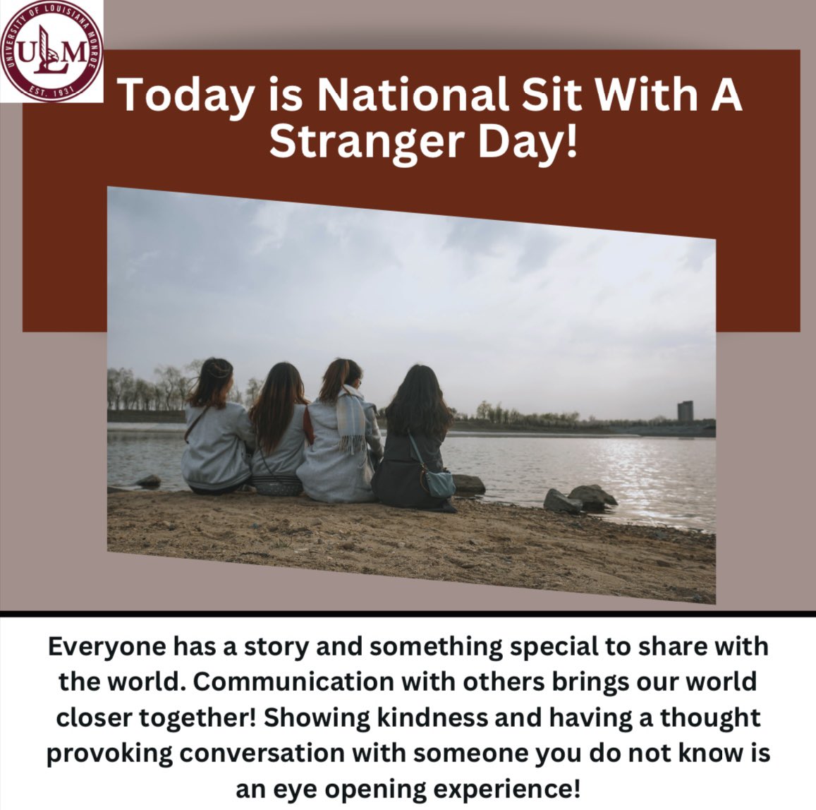 UlmComm's tweet image. Today, September 16th is National Sit With A Stranger Day! #ulmcommprogram