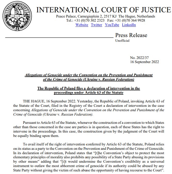 PRESS RELEASE: #Poland files a declaration of intervention under Article 63 of the #ICJ Statute in the case concerning Allegations of Genocide under the Convention on the Prevention and Punishment of the Crime of Genocide (#Ukraine v. #Russia) bit.ly/3DqHf3c