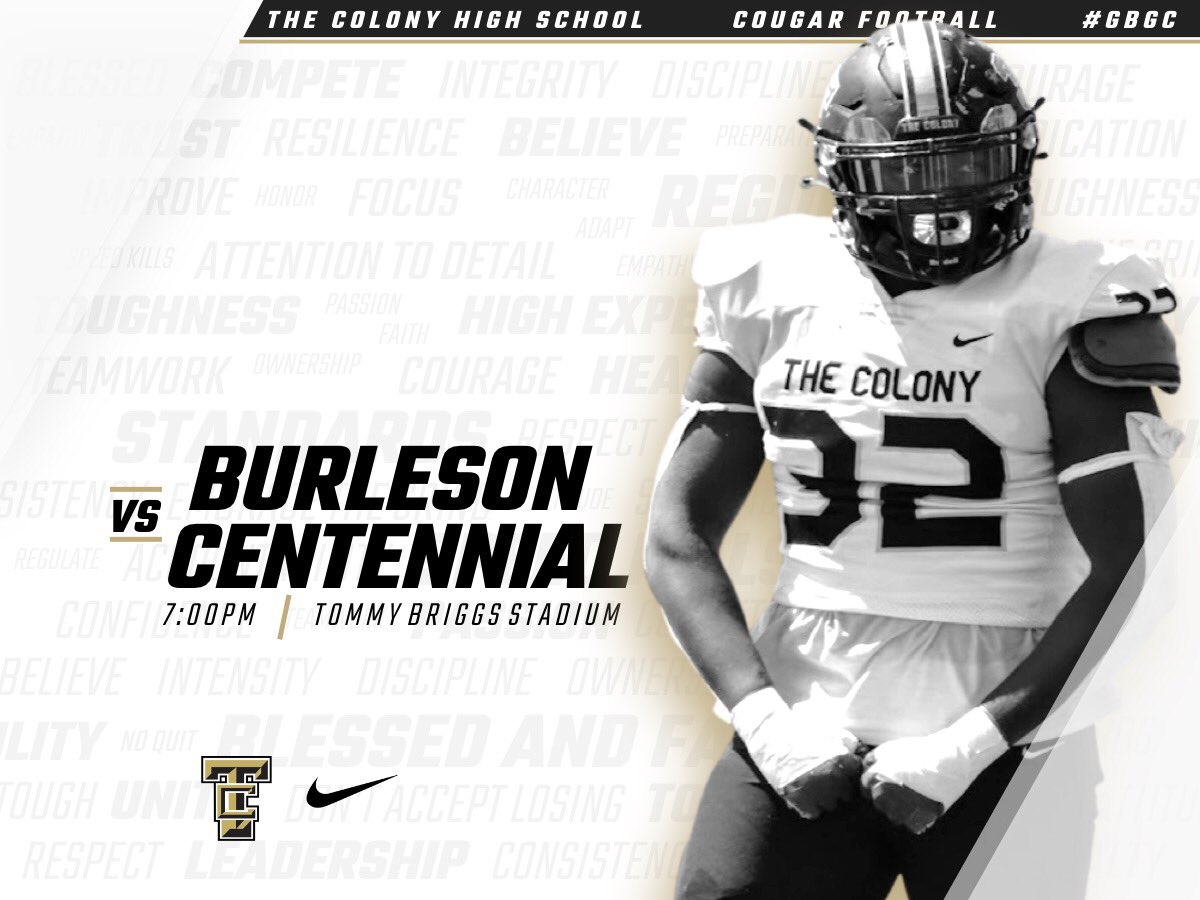 Bgrady21's tweet photo. Gameday @TheColonyHS for @TCougarfootball vs Burleson Centennial 7:00 PM love to see everyone there! https://t.co/Hd3N8ZRMt9