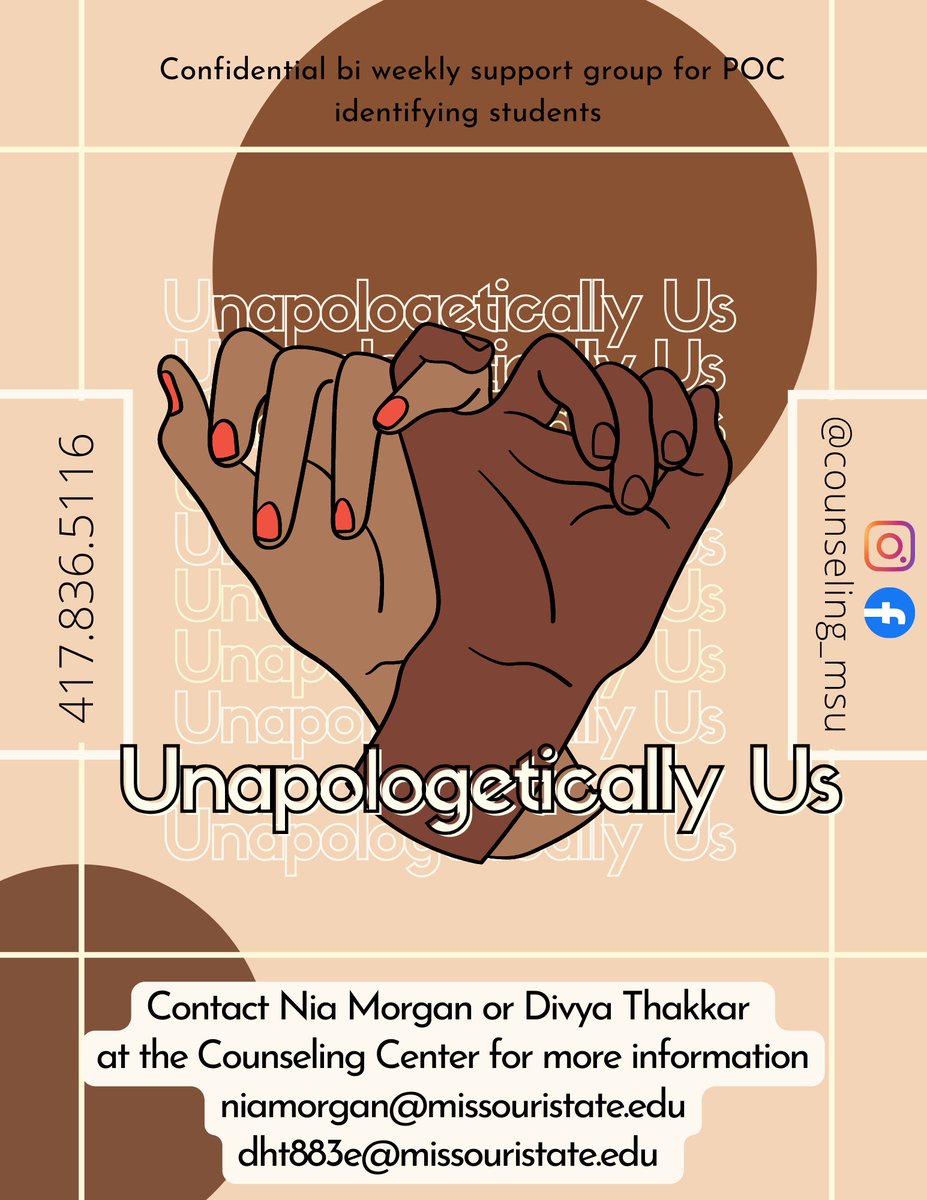 Happy Mindfulness Monday! MSU Counseling Center has a bi-weekly, confidential support group for our students of color. Please email Nia Morgan or Divya Thakkar to participant in this great opportunity!