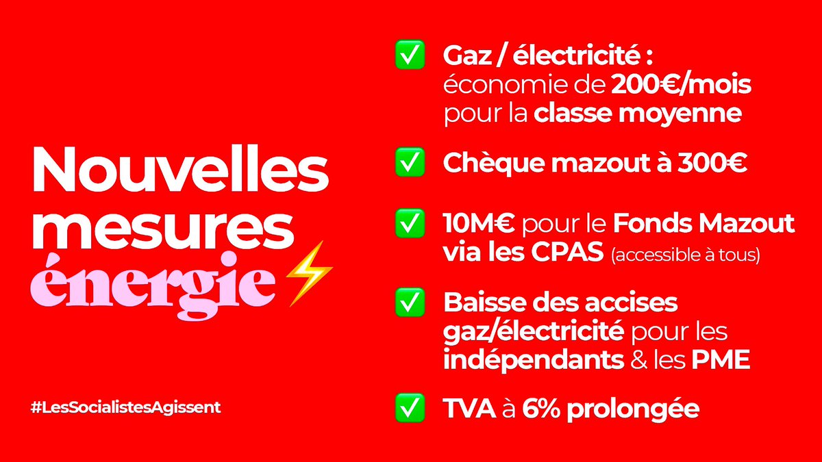 👉 Nouvelles mesures énergie du gouvernement. Un premier paquet pour répondre à l’urgence, dès le mois de novembre. A côté du tarif social qui est prolongé. <a href="/PYDermagne/">Pierre-Yves Dermagne</a> #lessocialistesagissent