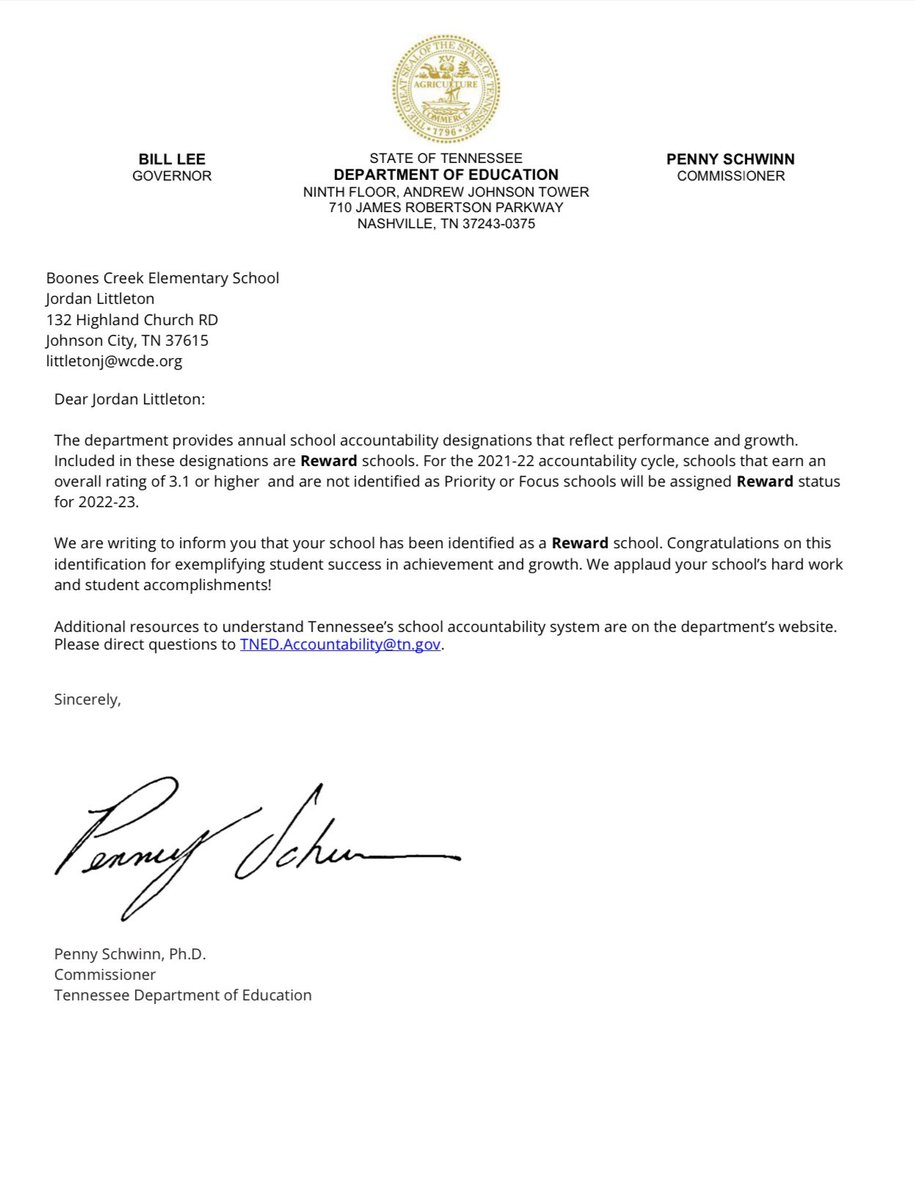 Reward School Designation! Very proud of our students, faculty, and staff. Go Bars! <a href="/Boonescreek_pk8/">BoonesCreek_PK-8</a> <a href="/WCDE_TN/">WashingtonCoSch TN</a> <a href="/TNedu/">TN Dept of Education</a>