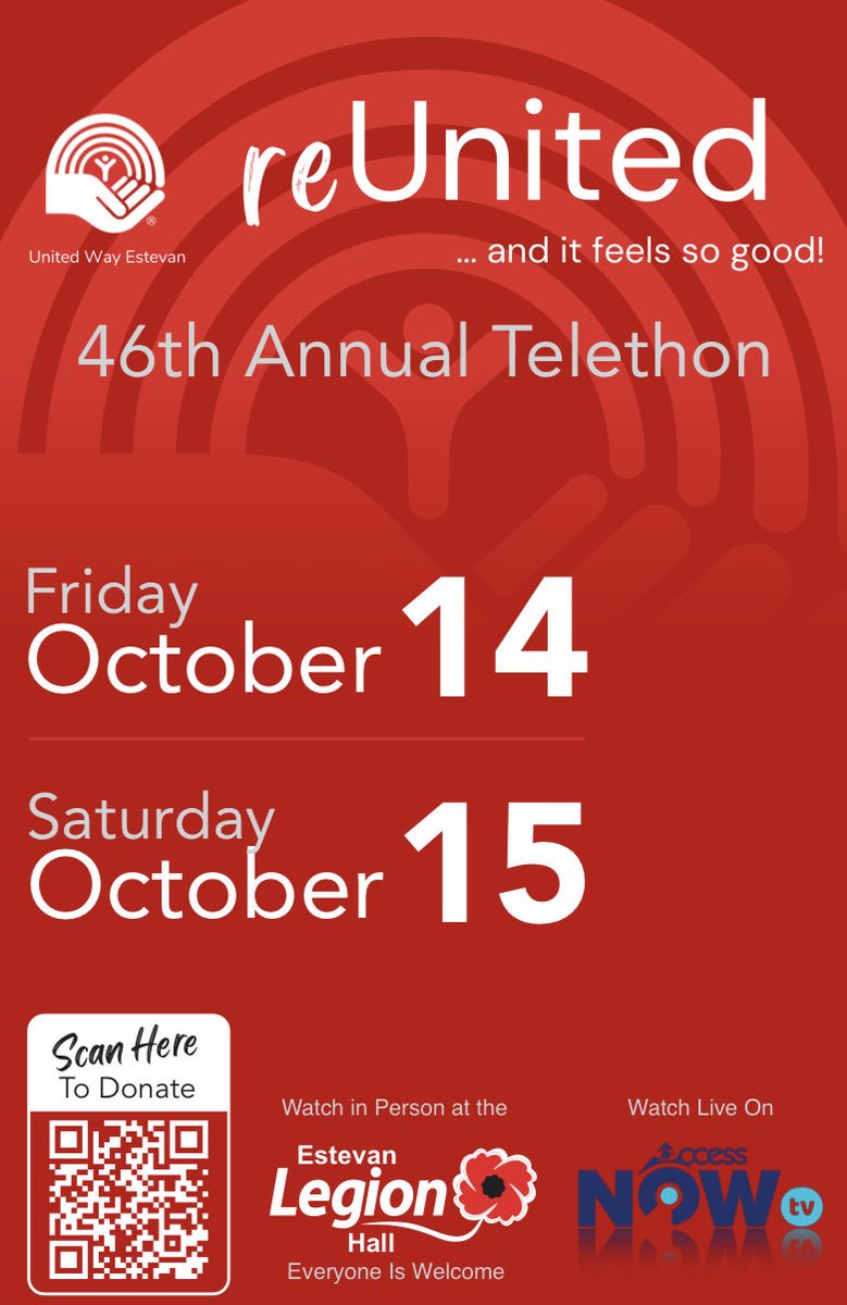 United Way Estevan (@uwayestevan) on Twitter photo Only 4️⃣ weeks until our United Way Telethon returns to Estevan!! 🤗 #reUnited
Get involved today! Contact us if you’d like to volunteer, donate a bid item, perform on stage, or to promote your Telethon fundraiser!!
☎️ (306) 634-7375
📧 admin@unitedwayestevan.com Only 4️⃣ weeks until our United Way Telethon returns to Estevan!! 🤗 #reUnited
Get involved today! Contact us if you’d like to volunteer, donate a bid item, perform on stage, or to promote your Telethon fundraiser!!
☎️ (306) 634-7375
📧 admin@unitedwayestevan.com