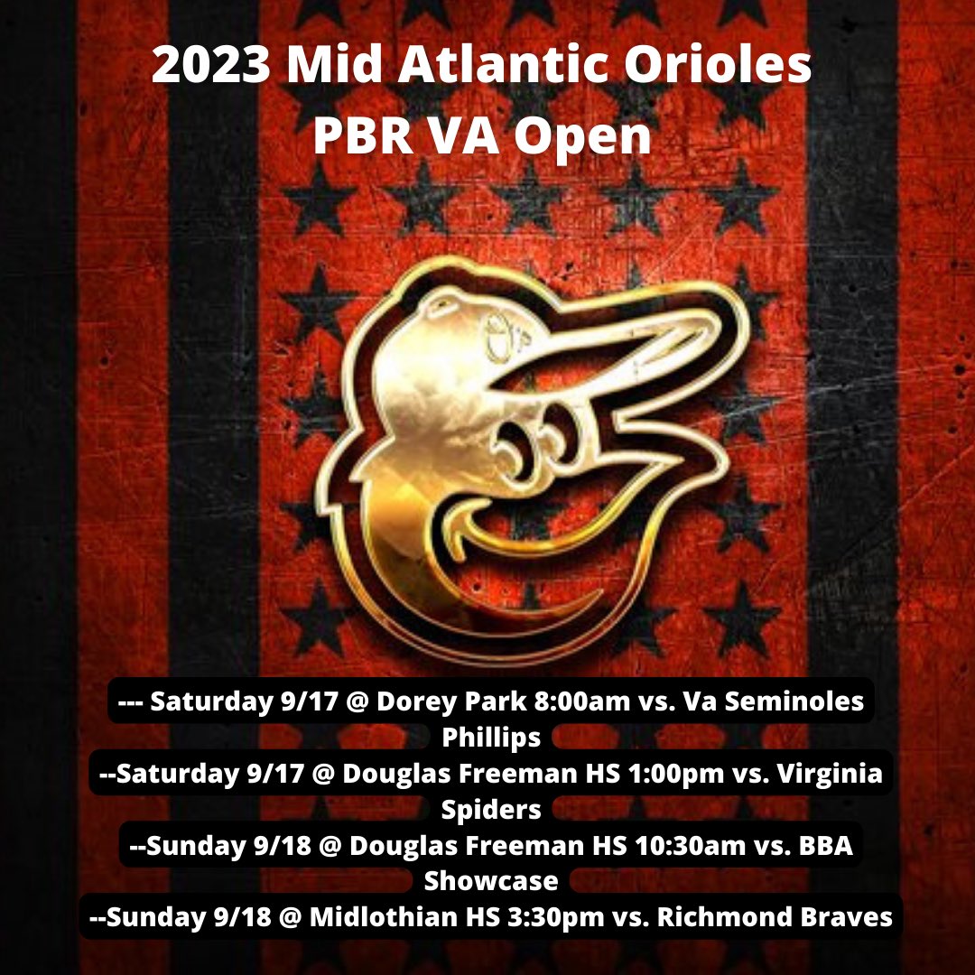 orioles_scout's tweet photo. 23’s schedule for the upcoming PBR Va Open. Looking forward to a great weekend run by a first class group. @PBRVirginiaDC @ksallday19 https://t.co/bFee3iVvG5