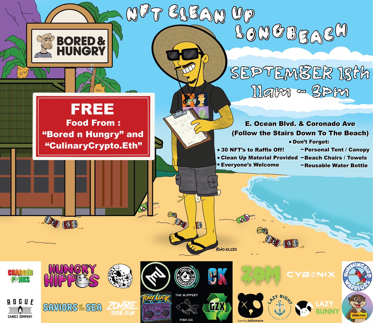 Going down in 2 days (Sunday the 18th)!

If you live in California &amp; into Web3, you should be Attending this NFT Meet Up/Clean Up in Long Beach from 11am-3pm!

- Amazing food and drinks from <a href="/BorednHungry/">Bored & Hungry | Home of America's Best Burger</a> <a href="/CulinaryCrypto/">Justin Lewis🐧🦍✳️👨‍🍳🔪</a> &amp; <a href="/Jarritos/">Jarritos</a>
-30+ NFTs to Raffle

#NFTCleanUp #NFTGiveaway