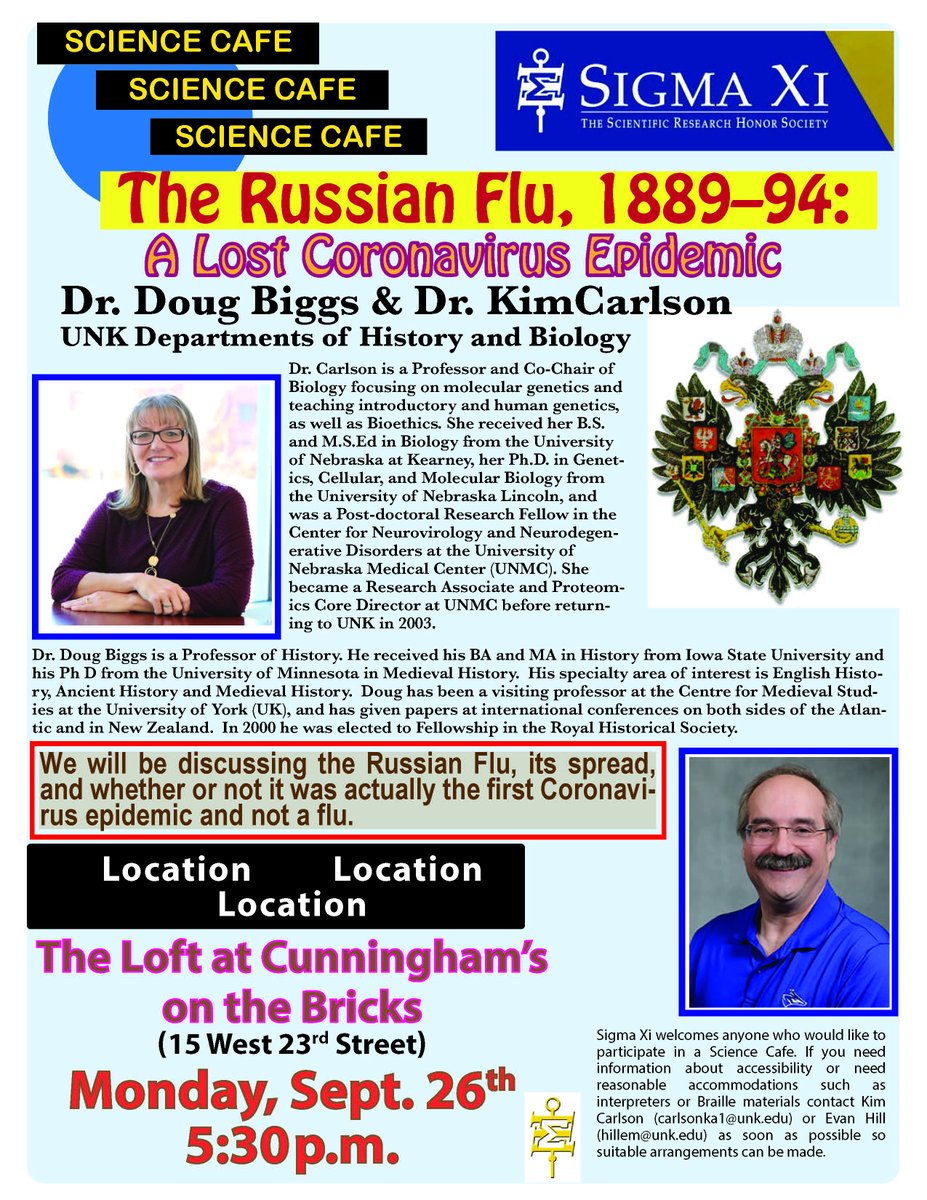 We're back! We haven't had a regular #ScienceCafe at Cunningham's since Spring 2020! We're so excited to hear about The Russian Flu from Dr. Carlson and Dr. Biggs on Monday, September 26th at 5:30pm. We hope you can join us!