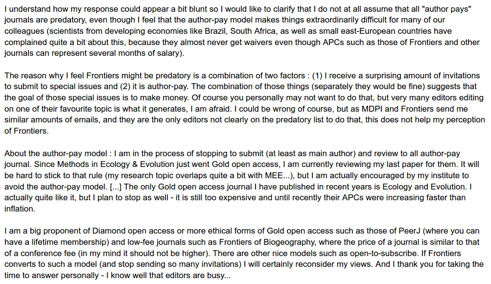 I've just been asked to review a papier for Frontiers, for a special issue. I declined, and mentioned that I find the journal somewhat predatory. The editor--whose work I respect--replied that Frontiers is just like all other author-pay journals. Here's my [edited] response 👇