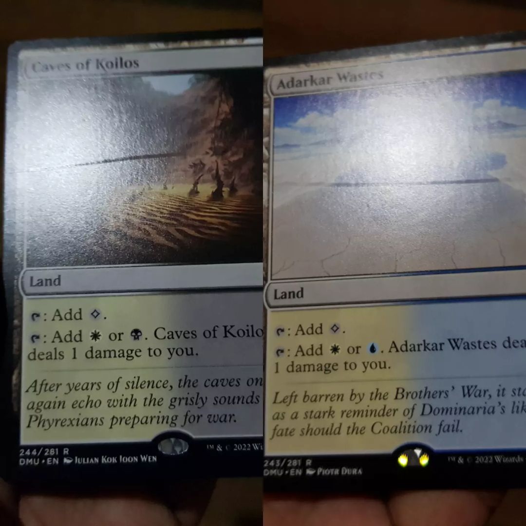 cartomancerph's tweet photo. Some factory defects (roller lines) on the latest Dominaria United set booster box pulls. Defects seen only on the rares slot of the set booster packs. Not good.

#magicthegathering #mtg #mtgdmu #dmu #mtgdominariaunited #dominariaunited #magicthegatheringdominariaunited https://t.co/YJfDPzdMT8