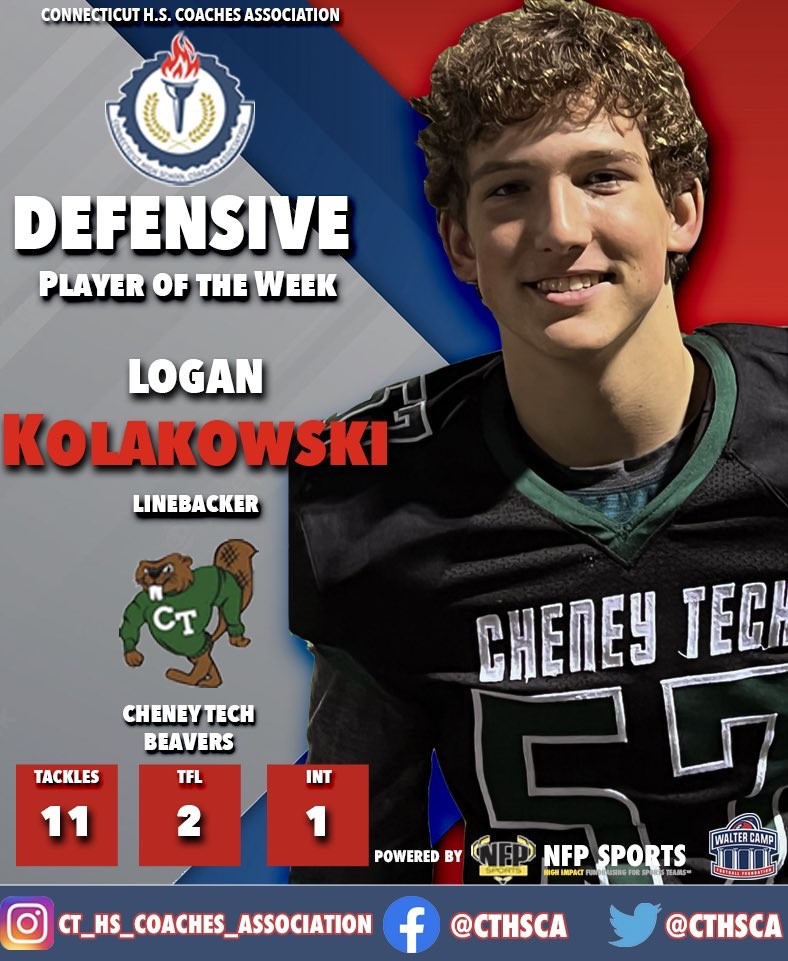 HowellCheneyTHS's tweet image. Congrats Logan!

Logan Kolakowski is the first ever Connecticut Walter Camp Defensive Player of the Week representing the CTC and Cheney Tech. Logan was up against players from every division and conference in the state. Congratulations to Logan and his teammates! #cheneytech 🏈