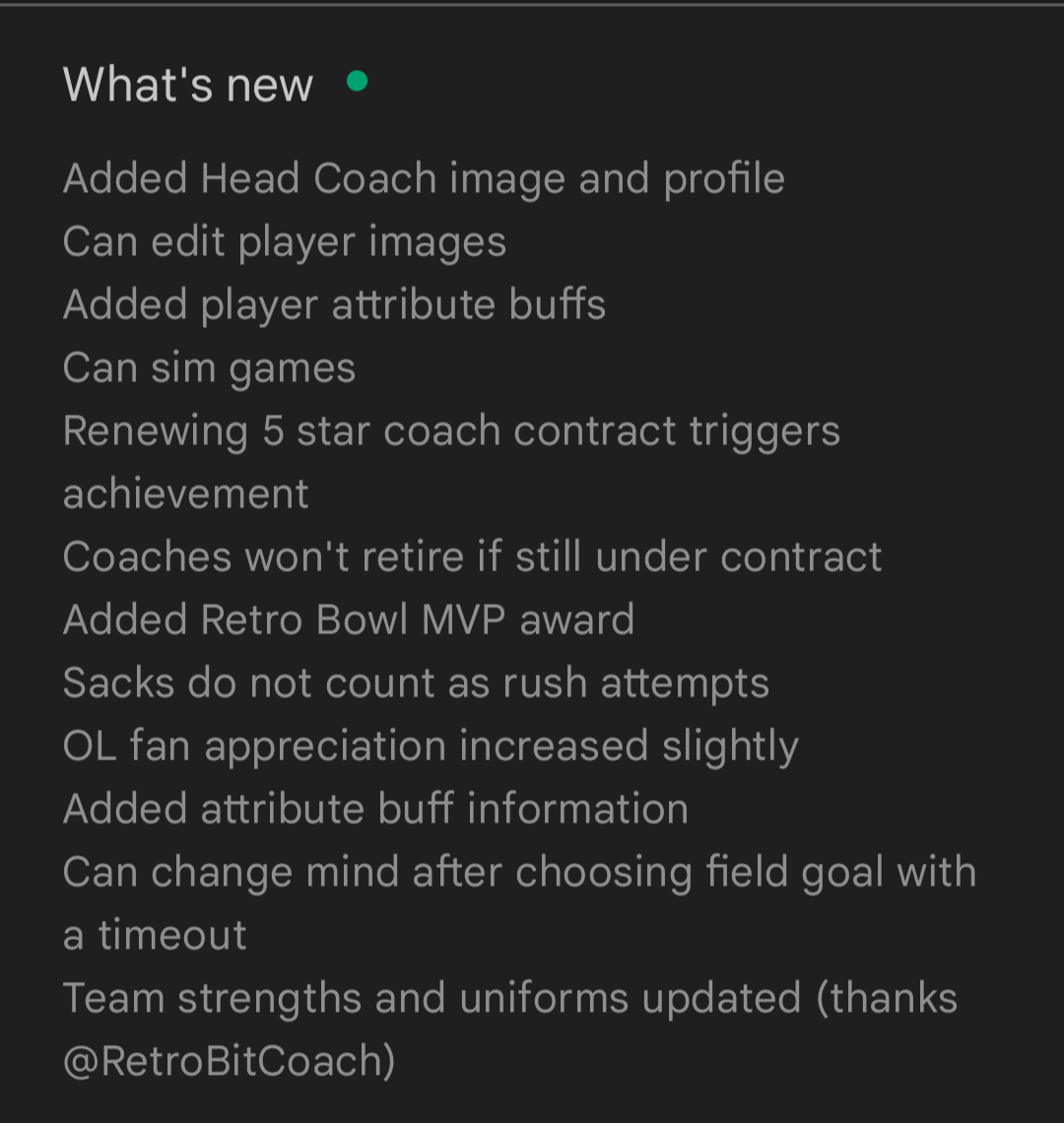 Patch List currently in <a href="/retro_bowl/">Retro Bowl</a> Beta for #RBUpdateFall22...👀

More to reveal before the update goes out for everyone! 😀🎆🎉

Keep your fingers crossed that all goes well...🤞💯