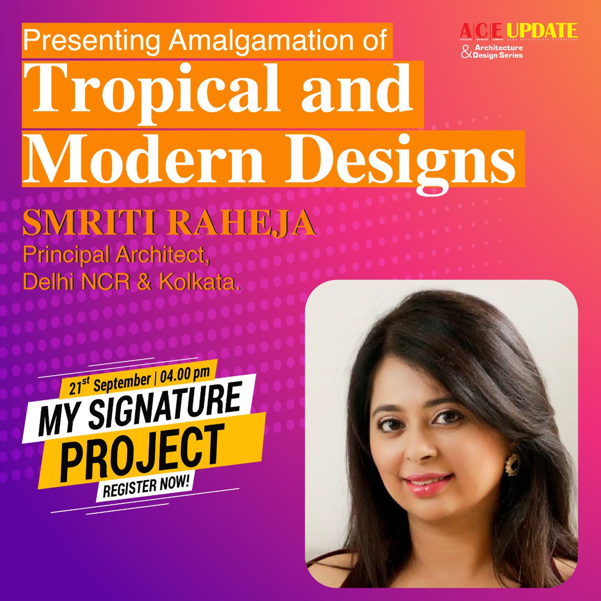aceupdatemag's tweet photo. https://t.co/hq1BayHeIx
Smriti Raheja @DesignExStudio will be talking on "#Amalgamation of #Tropical & #Moder_Designs" at live interactive session on 21 Sept 22 @4 PM. Register now
#ACEUpdate #ArchitectureandDesignSeries #SignatureProject https://t.co/IGJlzT8iUt