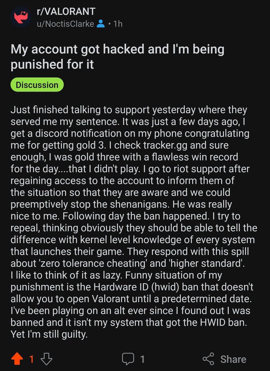 TheLastWeiss's tweet photo. Having a rough time with my #Valorant account right now. 300+ dollars worth of skins just gone. Definitely feel victimized. Valorant Support seems to be very headstrong on their zero tolerance policy. #hacked #victim #depressed https://t.co/Z6VbfdFU7j