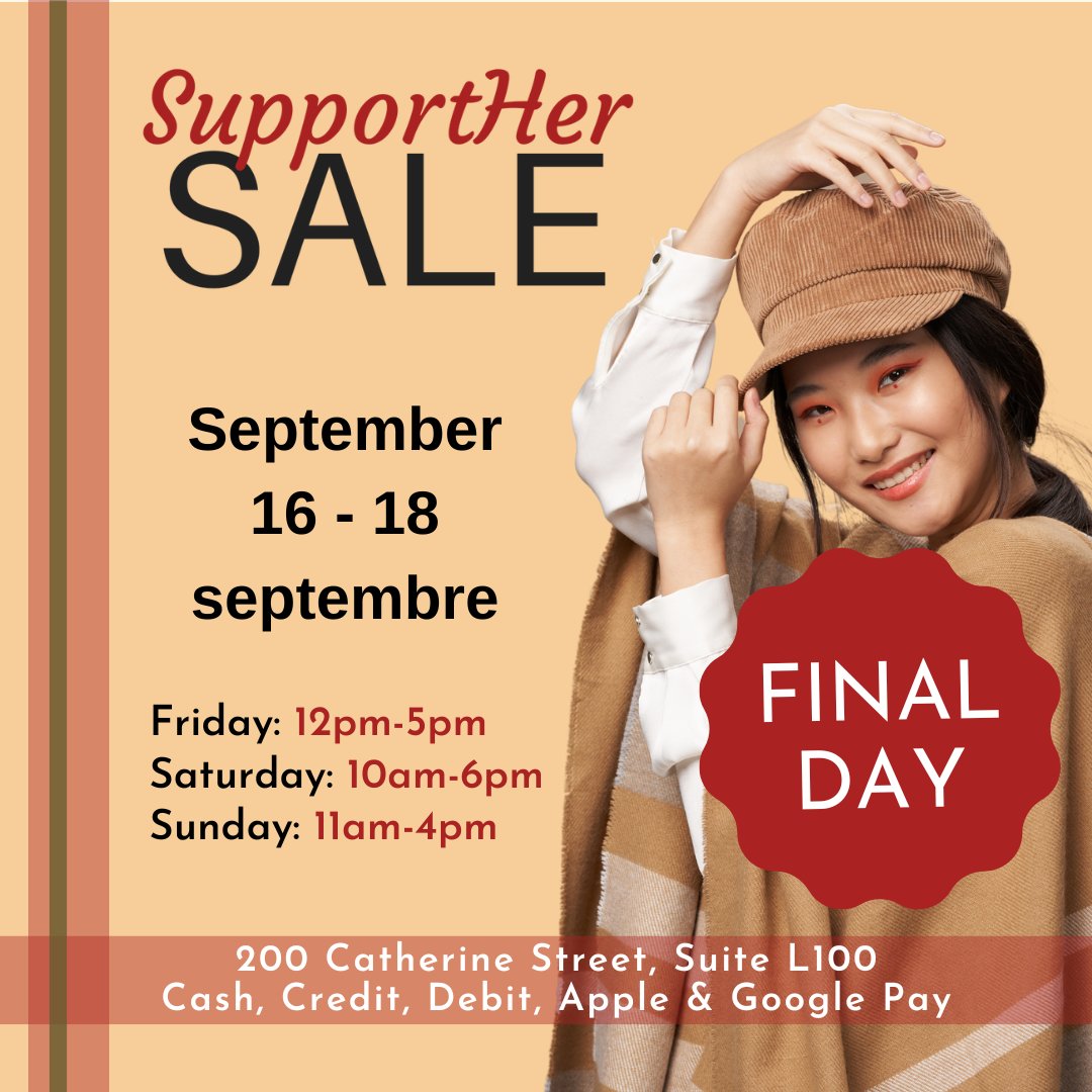 DFSOttawa's tweet photo. Seize YOUR day at the #SupportHER Sale! 

It's your last chance to shop &amp; new items have been added to the fashion and shoe rooms!

Open today, 11-4 pm, at 200 Catherine St.

Masks Required!

#DFSOttawa #ShopForYou #ShopTheLook #OttawaFashion  #events613 https://t.co/nooArXSTbx