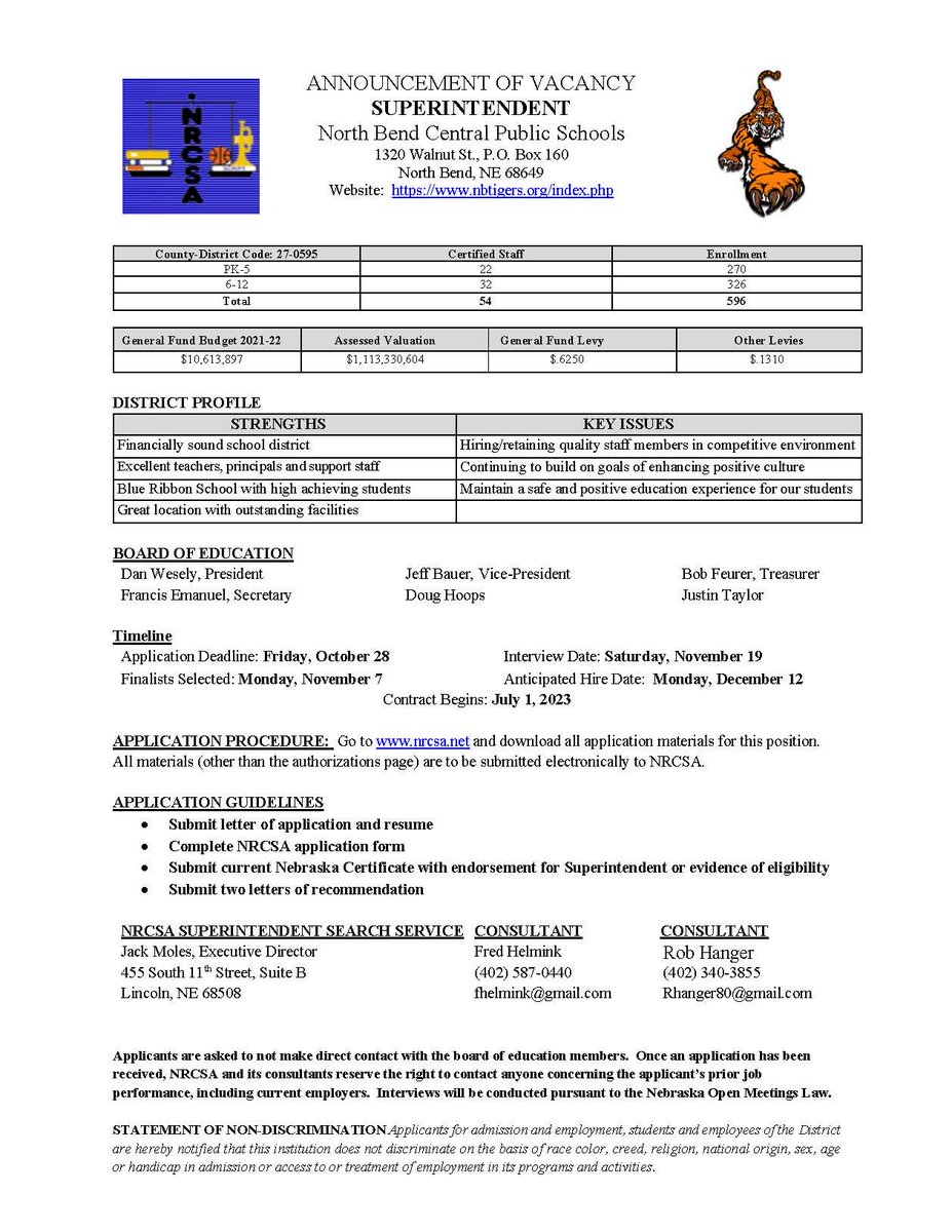 NRCSA is pleased to announce the opening for the position of Superintendent for North Bend Central Public Schools. Great opportunity!
