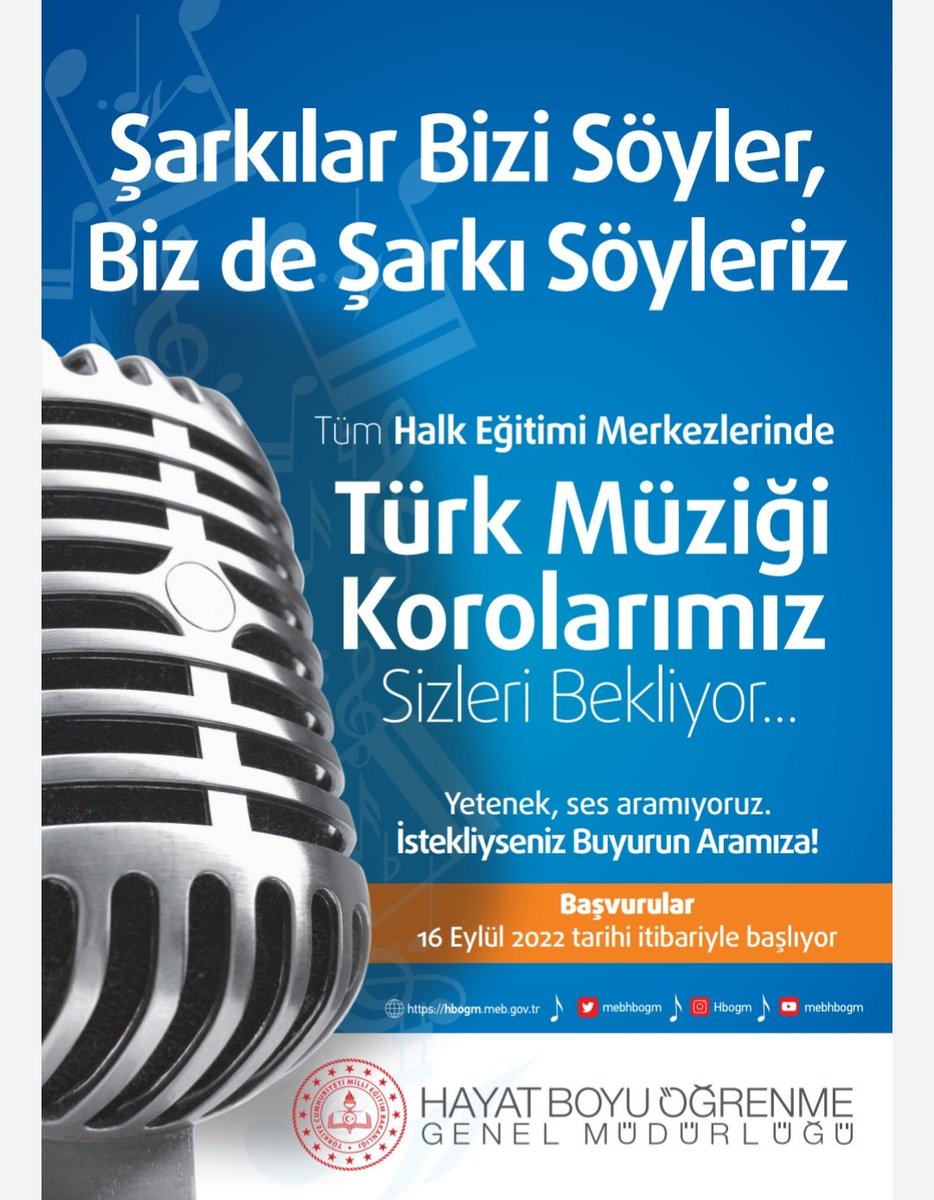 "Şarkılar Bizi Söyler,Biz de Şarkı Söyleriz"  Halk Eğitim Merkezimizdeki Türk Müziği Korolarımıza sizleri de bekliyoruz. 
<a href="/Korkmazemin49/">Mehmet Emin KORKMAZ</a> <a href="/tcmeb/">Millî Eğitim Bakanlığı</a> @Nry_OzgeSagbas
<a href="/Bitlis_Mem/">Bitlis İl Milli Eğitim Müdürlüğü</a>