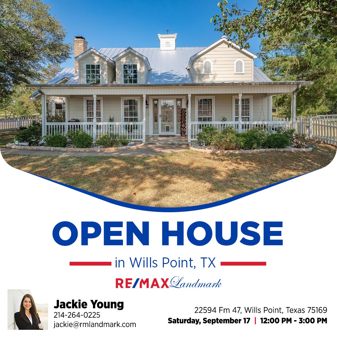 REMAX_Landmark's tweet photo. #OPENHOUSE in Wills Point, TX

This beautiful southern charm awaits you! Home sits on almost 7 acres with 2 stocked ponds, plenty of pasture &amp; shade trees. 

Meet us at 22594 Fm 47, Wills Point, TX on Saturday, September 17 from 12 pm to 3 pm https://t.co/D6mCZRvuSF