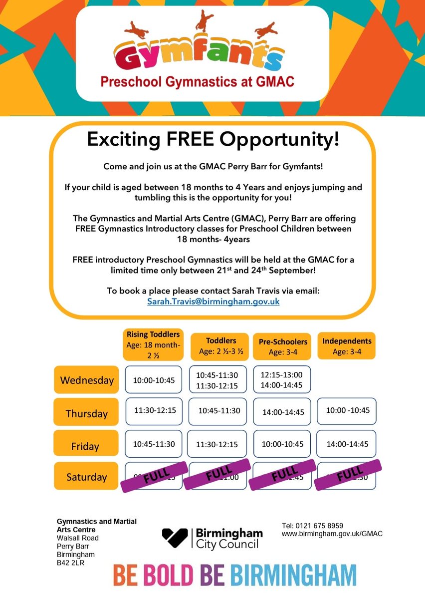 Exciting FREE Opportunity! Come and join us at the GMAC Perry Barr for Gymfants! If your child is aged between 18 months to 4 Years and enjoys jumping and tumbling this is the opportunity for you! FREE Preschool Gymnastics will be held at the GMAC between 21st and 24h September!