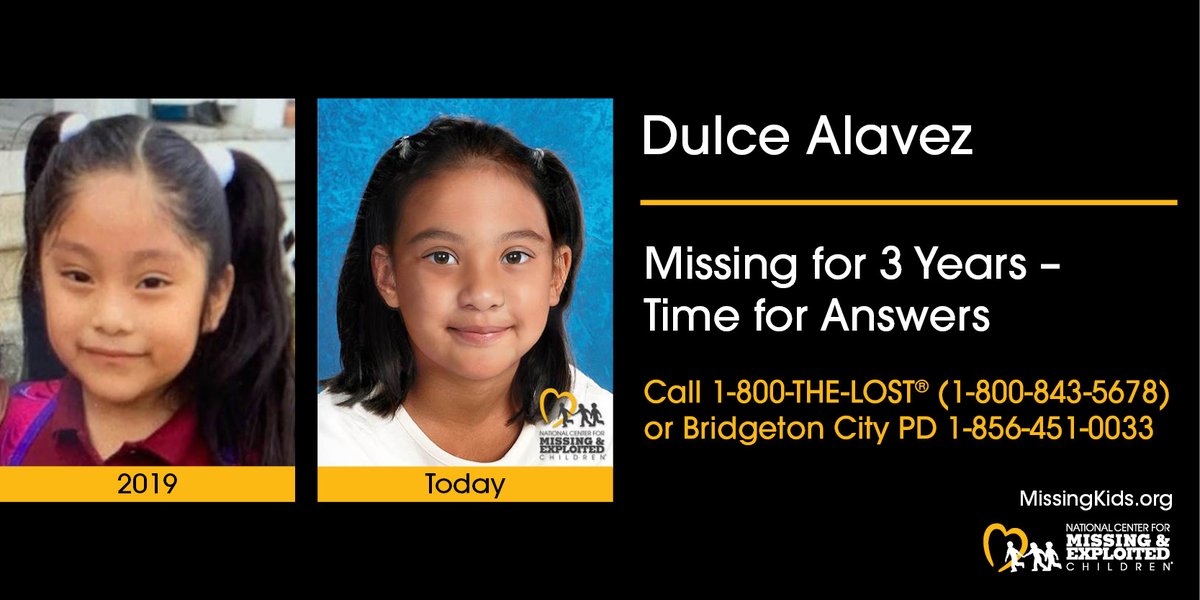 #MISSING FOR 3 YEARS TODAY – TIME FOR ANSWERS
On Sept. 16, 2019, 5-year-old Dulce Alavez was abducted from Bridgeton City Park in #NewJersey and hasn’t been seen since. Her photo has been age progressed to show what she might look like today at age 8.   
missingkids.org/blog/2022/wher…