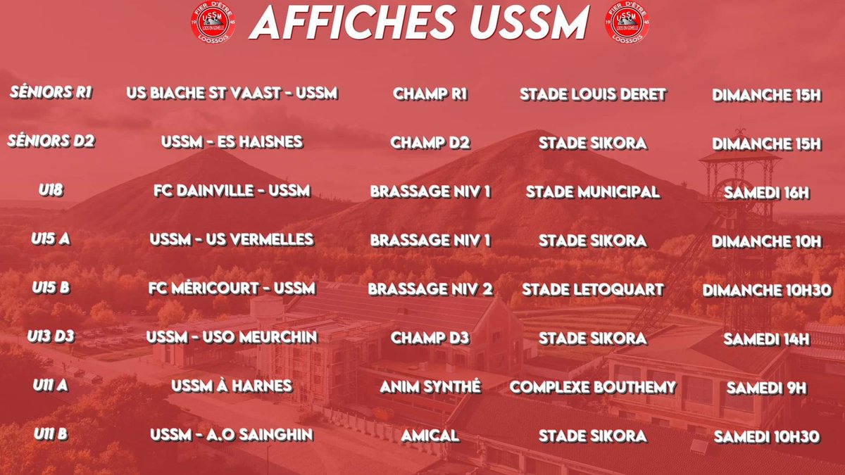 USSMLoos's tweet photo. Voici les affiches du week-end pour toutes nos équipes engagées !

Bon courage à tous nos joueurs et n'hésitez pas à venir les encourager !

#USSM 🔴⚪️ https://t.co/LYqrXvdZB4